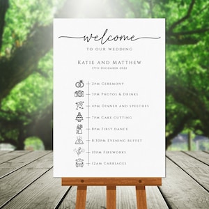 Simple wedding welcome timeline sign template, large wedding order of the day with icons, black white wedding sign, editable download #BL46