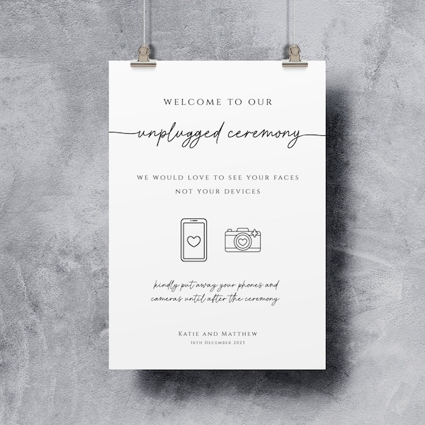 Unplugged ceremony sign template, wedding welcome sign printable, large diy no devices sign, no phones or cameras, editable download #BL46