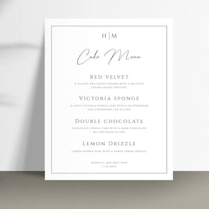 Monogramm Kuchen Menü Zeichen Vorlage, minimalistische Hochzeitstorte zum Ausdrucken, schwarz & weiß diy Hochzeit Vorlage, bearbeitbarer Download #BL51
