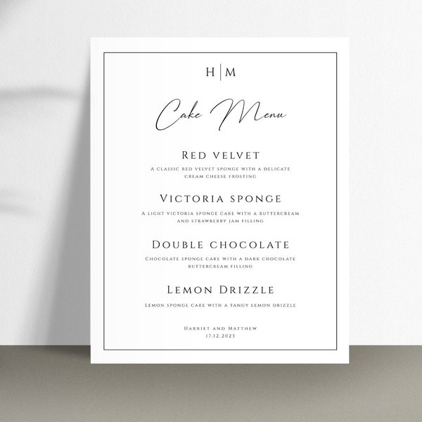 Monogram cake menu sign template, minimalist wedding cake flavour printable, black & white diy wedding template, editable download #BL51