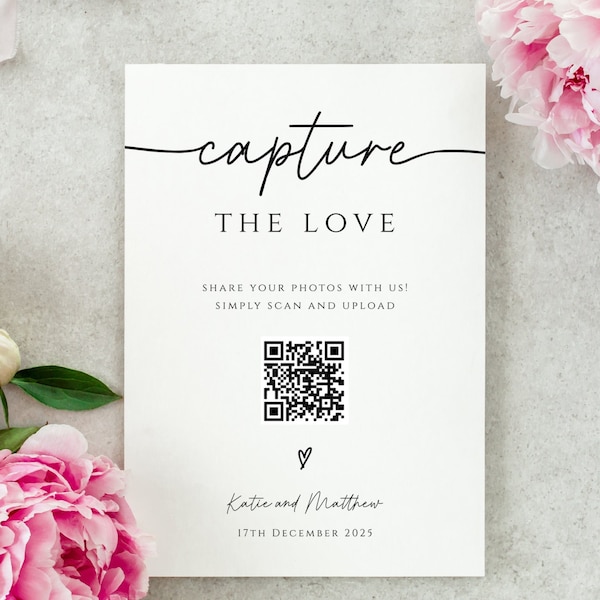 Capture the love QR code sign template, wedding photo sign printable, simple wedding photo scan and share diy sign, editable download #BL46