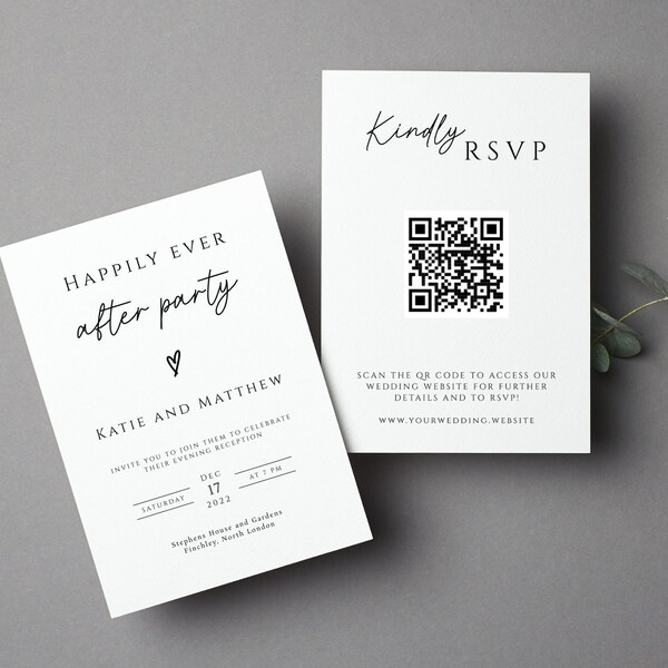 Happily ever after party invitation template, diy wedding reception invite with QR code rsvp, double sided printable, editable invite #BL46