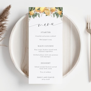 Zitronen-Hochzeits-Menükarte, elegantes Hochzeitsmenü mit Zitronen und viel Grün, italienisches Partymenü, druckbare Menükarte, Partymenü zum Selbermachen, Download BL25