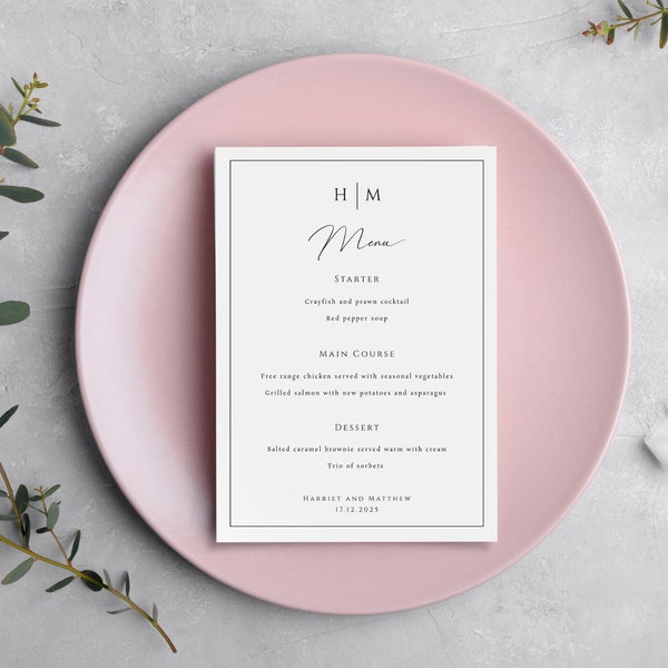 Monogram wedding menu template, 4x6 5x7 wedding menu sign, black border with couples initials printable menu card, editable download #BL51