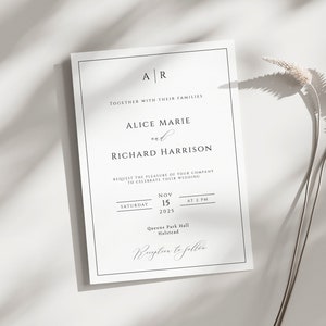 Plantilla de invitación de boda con monograma, invitación imprimible con borde negro, iniciales de parejas modernas, invitación de boda con foto diy, descarga de templett