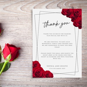 Rote Rose als Dankeschön zum Ausdrucken, Hochzeit Gedeck, rote & schwarze druckbare 4x6 5x7 Notiz, downloadbare Karte #BL2