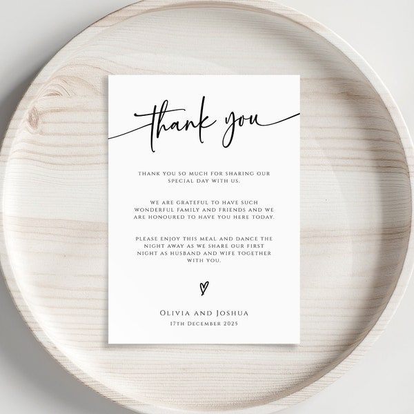 Modern thank you note template, wedding place setting thank you card printable, editable black & white note, sizes 4x6 5x7, Templett #BL77