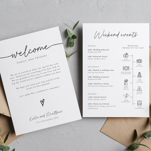 Wedding events card template, weekend timeline with icons, wedding welcome bag note, minimalist printable order of day, editable #BL46