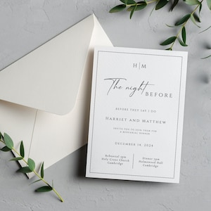 Plantilla de invitación a cena de ensayo con monograma, invitación imprimible la noche anterior, cena de boda elegante en el borde, descarga editable BL51
