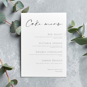 Moderne Kuchen Menü Zeichen Vorlage, minimalistische Hochzeit Kuchen Aromen Zeichen zum Ausdrucken, minimalistische diy Kuchen Menü Vorlage Zeichen, bearbeitbarer Download