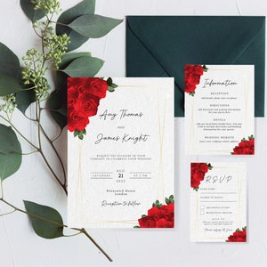 Red wedding invitation template set, red rose floral with gold frame border, printable wedding invite suite, dark red editable invite rsvp