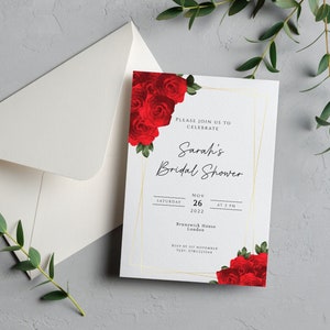 Rote Brautparty-Einladungsschablone, rote Rose und Goldrahmeneinladung, 5 x 7 bearbeitbarer Text jede Feier, Druck zu Hause Partyeinladung