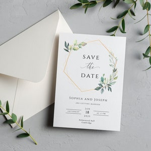 Eucalipto guardar la plantilla de invitación de fecha, boda imprimible con marco verde y dorado, invitación verde y dorada de 5 x 7, descarga editable