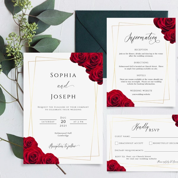 Red rose wedding invitation template set, dark red floral gold frame border invite, printable wedding suite, burgundy editable rsvp #BL6