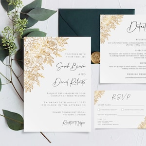 Gold wedding invitation template set, gold floral wedding invite suite, printable elegant invite & rsvp bundle, editable download #BL57