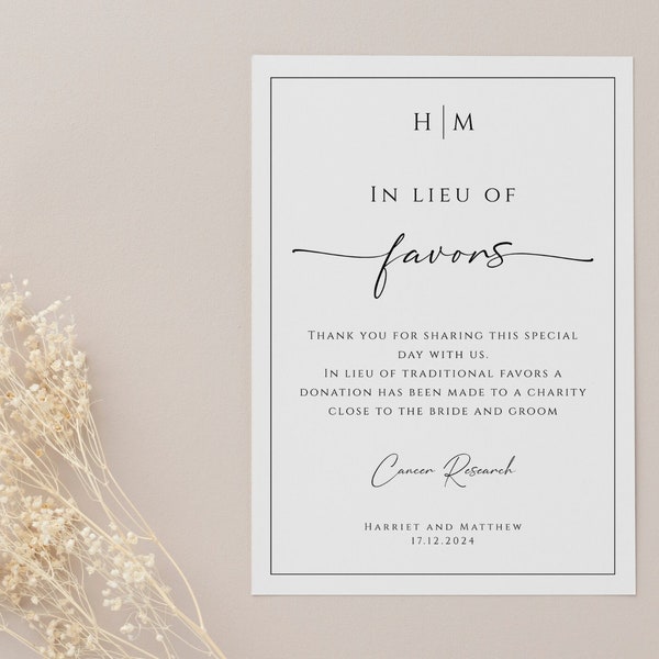 In lieu of favors sign template, wedding in lieu of favors card printable, monogram wedding donation diy sign, editable download #BL51