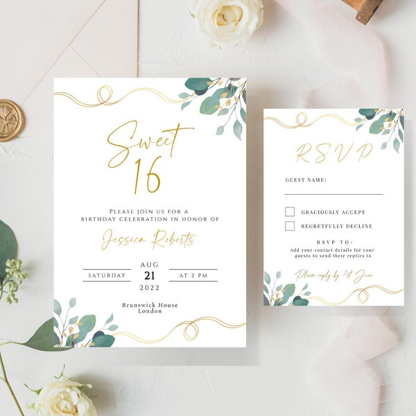 Eucalyptus Sweet 16 invitation template, green and gold birthday printable invite, editable text for any age, print at home party invite