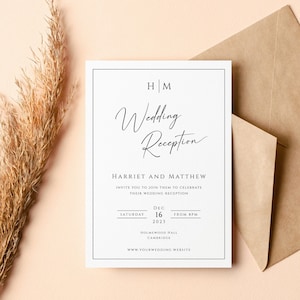 Monogram wedding reception invitation template, modern wedding evening party party invite, printable, black border, editable download #BL51