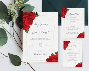 Red wedding invitation template set, red rose floral with gold frame border, printable wedding invite suite, dark red editable invite rsvp