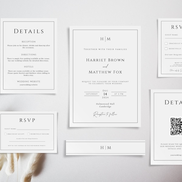 Monogram wedding invitation suite, elegant wedding printable template, invite details rsvp belly band & QR code, editable download #BL51