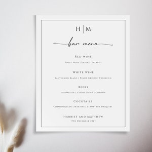 Hochzeit Bar-Menü-Vorlage, Monogramm Hochzeit Getränke-Menü-Zeichen, schwarzer Rand mit Initialen druckbare Menü, Getränkeliste editierbarer Download #BL51