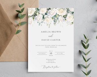 May include: Wedding invitation with white roses and greenery. Amelia Brown and David Carter are getting married on October 10, 2026 at 2 PM. The reception will follow at Helmawand Hill Hall Drive, Combridashing.