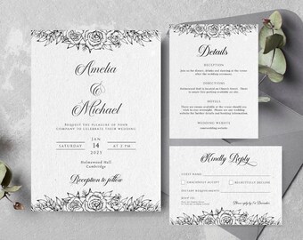Puede incluir: Un conjunto de invitaciones de boda en blanco y negro con detalles florales. La invitación presenta los nombres Amelia y Michael, la fecha 14 de enero de 2021 y la ubicación Hollywood Hall, Cambridge. La tarjeta RSVP incluye una sección para el nombre del invitado, la aceptación de la RSVP, los requisitos dietéticos y un espacio para que el invitado escriba su respuesta.