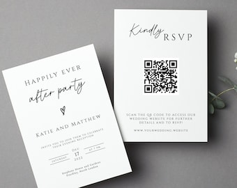 Happily ever after party invitation template, diy wedding reception invite with QR code rsvp, double sided printable, editable invite #BL46