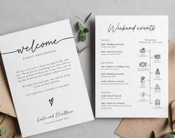 Wedding events card template, weekend timeline with icons, wedding welcome bag note, minimalist printable order of day, editable #BL46