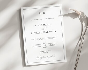 May include: A white wedding invitation with black text. The invitation reads "AR" together with their families, Alice Marie and Richard Harrison. The wedding is on Saturday, November 15, 2025 at 2 PM at Queens Park Hall, Halstead. Reception to follow.