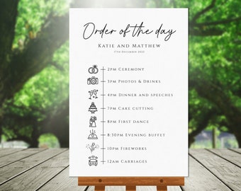 Simple wedding order of the day sign template, large wedding timeline sign with icons, handwriting style sign, editable download #BL46