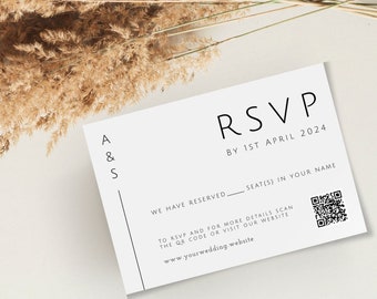 Plantilla de tarjeta rsvp de boda, respuesta de boda QR moderna, rsvp imprimible minimalista, tarjeta de inserción rsvp, cargar código QR, descarga editable #BL12