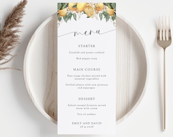 Zitronen-Hochzeits-Menükarte, elegantes Hochzeitsmenü mit Zitronen und viel Grün, italienisches Partymenü, druckbare Menükarte, Partymenü zum Selbermachen, Download BL25