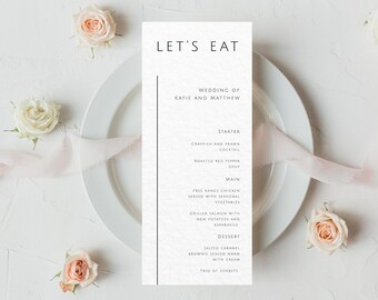 May include: A wedding menu card with the title "Let's Eat" and the names Katie and Matthew. The menu includes a starter, main course, and dessert.