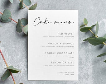 Modern cake menu sign template, minimalist wedding cake flavours sign printable, minimalist diy cake menu template sign, editable download