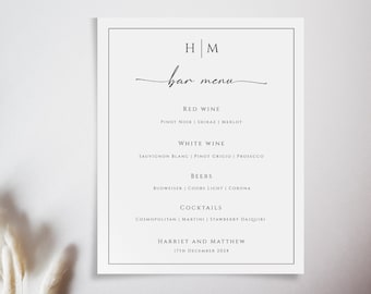 Modello menu bar per matrimoni, insegna menu bevande monogramma per matrimoni, bordo nero con menu stampabile con iniziali, elenco bevande modificabile download #BL51