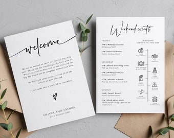 Wedding weekend events card template, wedding timeline with icons, welcome bag note, minimalist printable order of day, editable #BL77