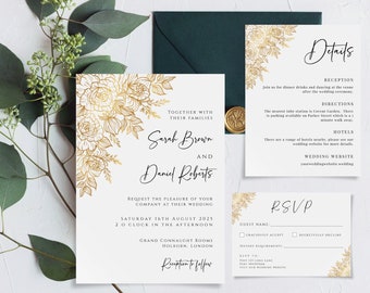 Gold wedding invitation template set, gold floral wedding invite suite, printable elegant invite & rsvp bundle, editable download #BL57