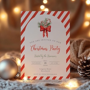 May include: A Christmas party invitation with red and white striped borders. The invitation features a watercolor illustration of candy canes and a bow. Text reads "You are invited to our Christmas Party" and details for the event.