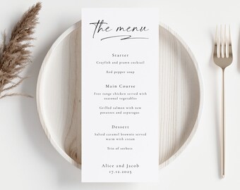 Tall Wedding Menu Template: Printable Modern Script, Black and White (DIY Editable, Templett Download)