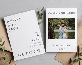 Modern save the date invitation, printable wedding save our date template, add your own photo, double sided editable download, templett