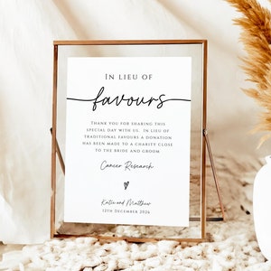 Plantilla de letrero en lugar de favores, tarjeta de boda en lugar de favores editable, donación de boda simple para imprimir y hacer usted mismo, descarga de Templett #BL46