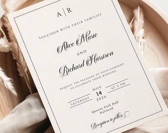 Monogramm Hochzeitseinladung Vorlage, klassische Einladung mit schwarzem Rand, moderne druckbare Einladung, diy Einladung, editierbare Templett download BL15