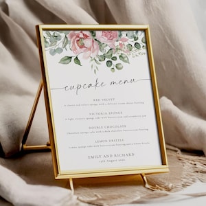 Modello di cartello del menu per cupcake rosa, cartello del gusto della torta nuziale stampabile e modificabile, carta del menu floreale e verde rosa, download Templett BL22