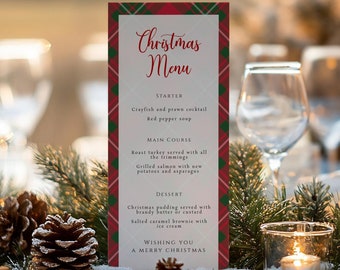 Tartan Christmas Party Dinner Menu Template, Printable Red & Green 4x9, Editable Text, Tall DIY Festive Menu, Templett Digital Download