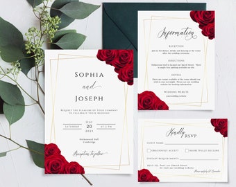 Red rose wedding invitation template set, dark red floral gold frame border invite, printable wedding suite, burgundy editable rsvp #BL6