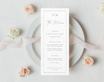 Monogram wedding menu template, tall wedding menu sign, black border with couples initials printable menu card, editable download #BL51