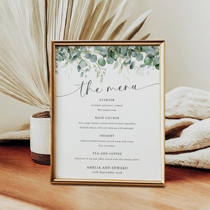 Plantilla imprimible de menú de eucalipto, letrero editable para desayuno de bodas, menú clásico de bricolaje con vegetación de 8 x 10 y carta de EE. UU., Templett descarga BL20