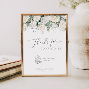 White thanks for popping by sign template, printable wedding popcorn sign, floral roses & eucalyptus diy party sign, Templett download #BL23