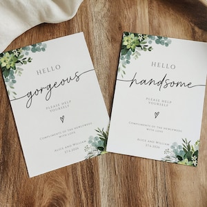 Greenery bathroom sign template, wedding printable hello gorgeous hello handsome basket sign, eucalyptus restroom diy, editable download
